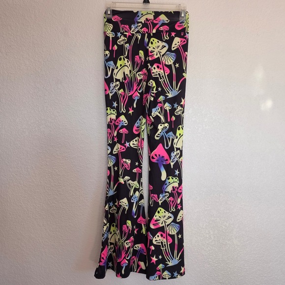 Shein Neon Mushroom Print Flare Leg Pants Black High Waisted Bell Bottoms XS - Picture 5 of 7